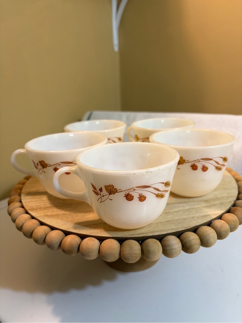 Pyrex White Mugs with Brown Floral Band - Set of 5
